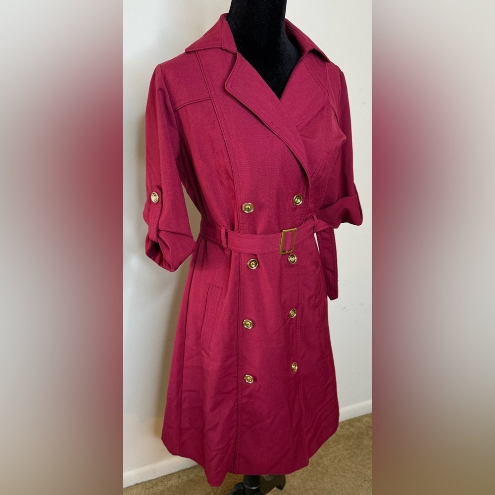 Sharagano Red wrap shirt dress belted gold tone buttons, buckle pockets 4 EUC - Picture 2 of 9
